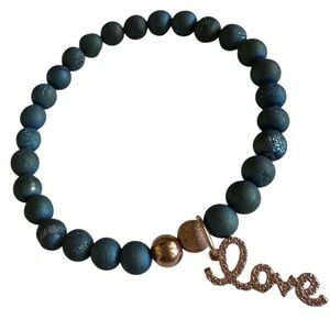 6mm Matte Teal Druzy Stretch Bracelet w/ Pave Rose Gold Love Charm and Spacers